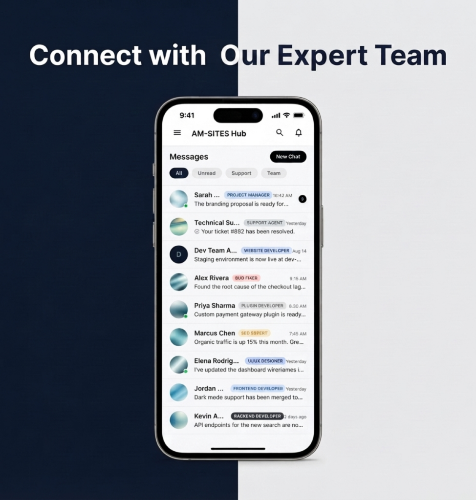 AM-Sites Hub messages screen connecting clients with expert team