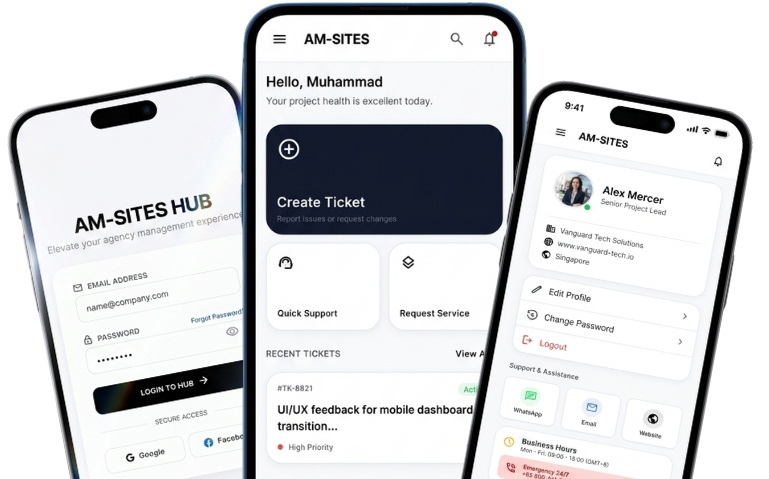 AM-Sites Hub app dashboard, login and profile screens on mobile