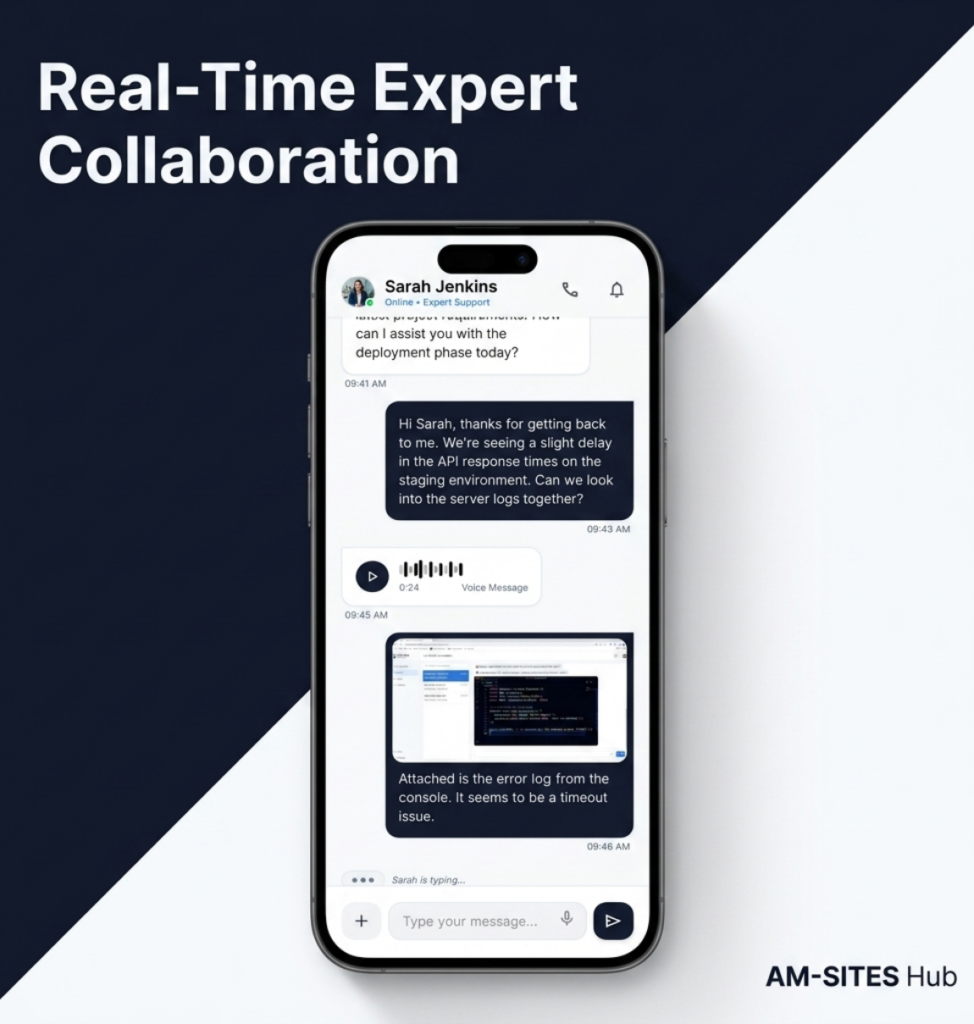 AM-Sites Hub real-time expert collaboration chat screenshot